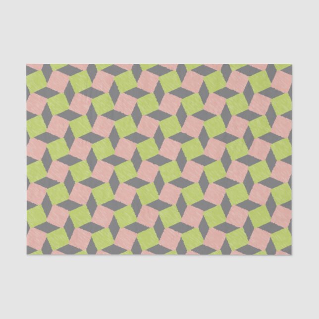 Rosa grünes abstraktes geometrisches Ikat Seidenpapier (Vorderseite)