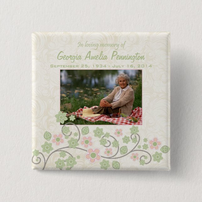 Rosa grünes Blumen in memoriam Foto pinback Knopf Button (Vorderseite)