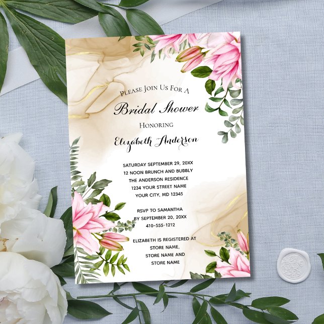 Rosa Grünes goldfarbenes Brautparty Einladung (Pink green gold floral botanical Elegant Bridal Shower Invitation)