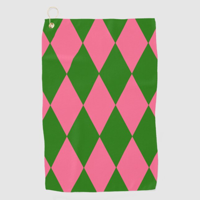 Rosa grünes Harlekin-Karo-Design Golfhandtuch (Vorderseite)