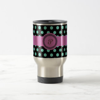 Rosa grünes Monogramm-Punktschwarzes Reisebecher