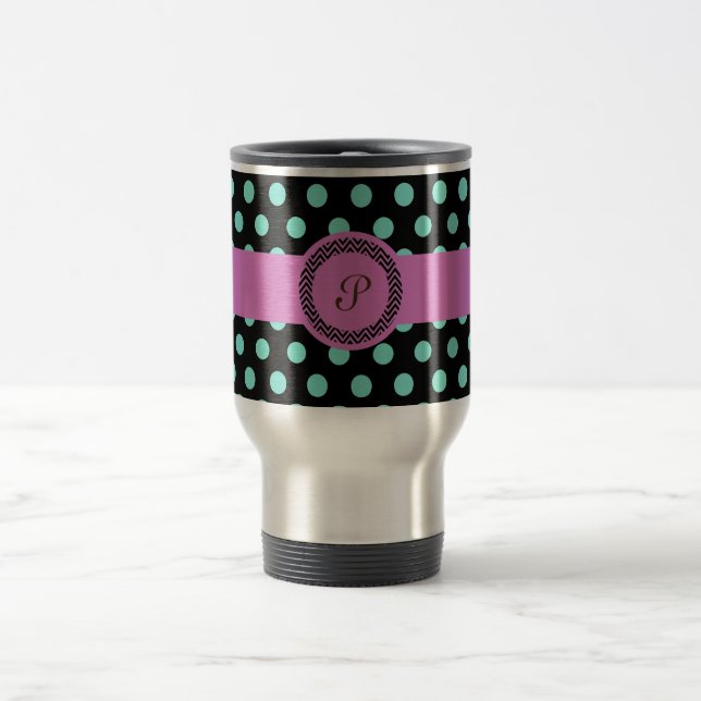 Rosa grünes Monogramm-Punktschwarzes Reisebecher (Mittel)