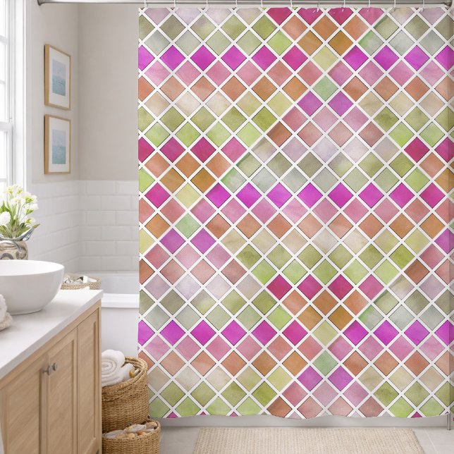 Rosa grünes Orangenmosaikdesign Duschvorhang (Von Creator hochgeladen)