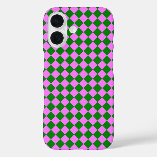 Rosa grünes Schachbrett Diamantmuster iPhone 16 Hülle (Rückseite)