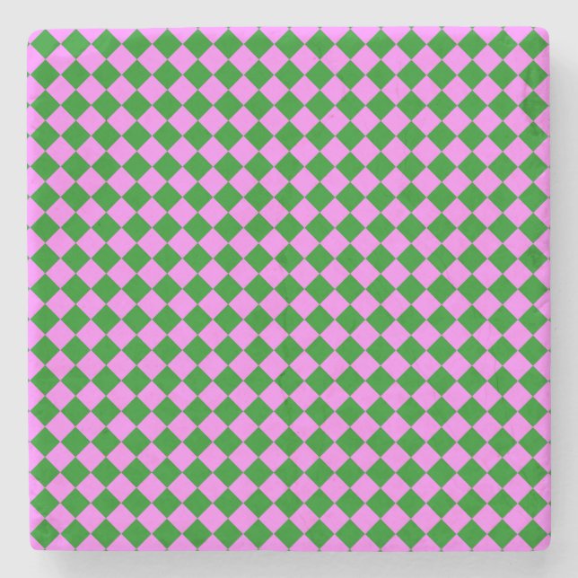 Rosa grünes Schachbrett Diamantmuster Steinuntersetzer (Vorderseite)