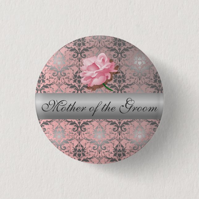 Rosa Grunge Damask Mutter des Groom Button (Vorderseite)