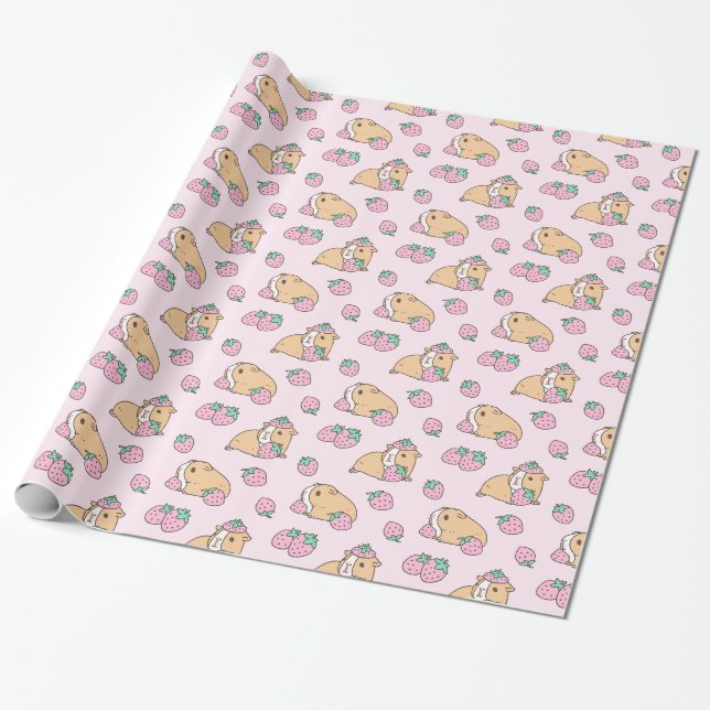 Rosa Guinea Schwein und Erdbeermuster Geschenkpapier (Ungerollt)