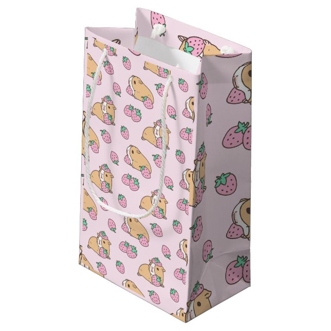 Rosa Guinea Schwein und Erdbeermuster Kleine Geschenktüte (Rückseite Schrägansicht)