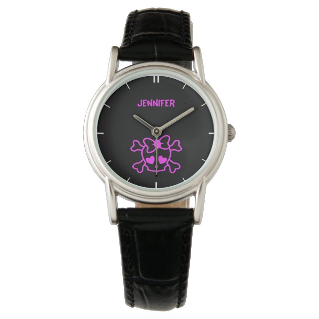 Rosa gürteliger Emo-Schädel mit Bugnadel-Mädchen Armbanduhr (Vorderseite)