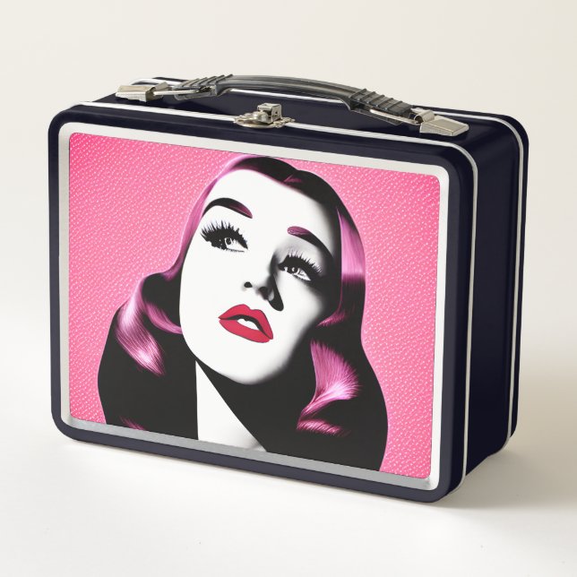 Rosa Haar Retro Frau Metall Brotdose (Vorderseite)