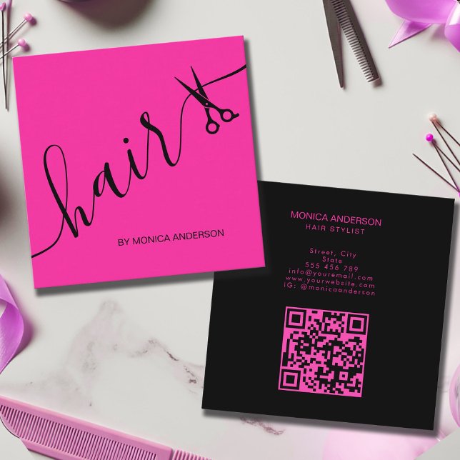 Rosa Haar Script Stylist Schere QR-Code Quadratische Visitenkarte (Hot Pink Hair Script Stylist Scissors QR Code Square Business Card)