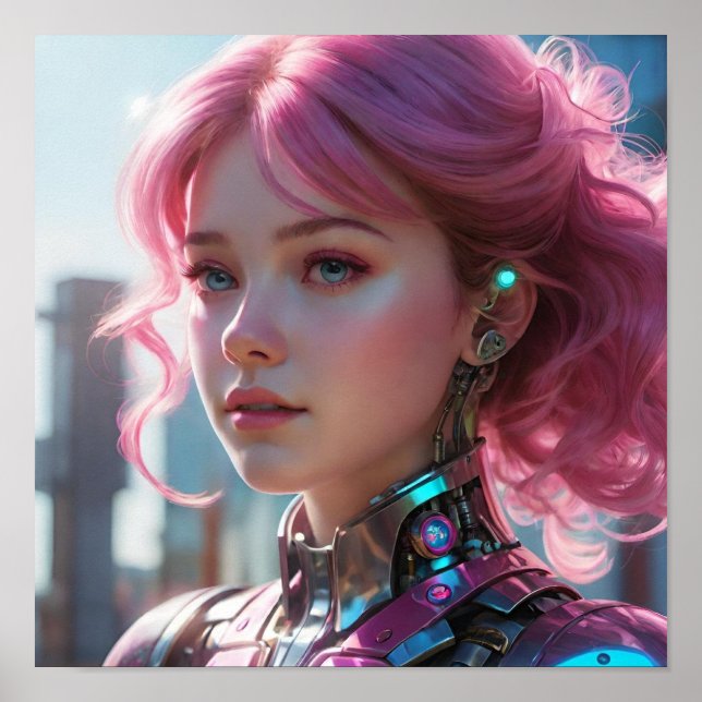 Rosa Haare und Roboterdetails Poster (Vorne)