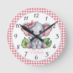 Rosa Haarspange Süßer Elefant Geschenk zur Babypar Runde Wanduhr