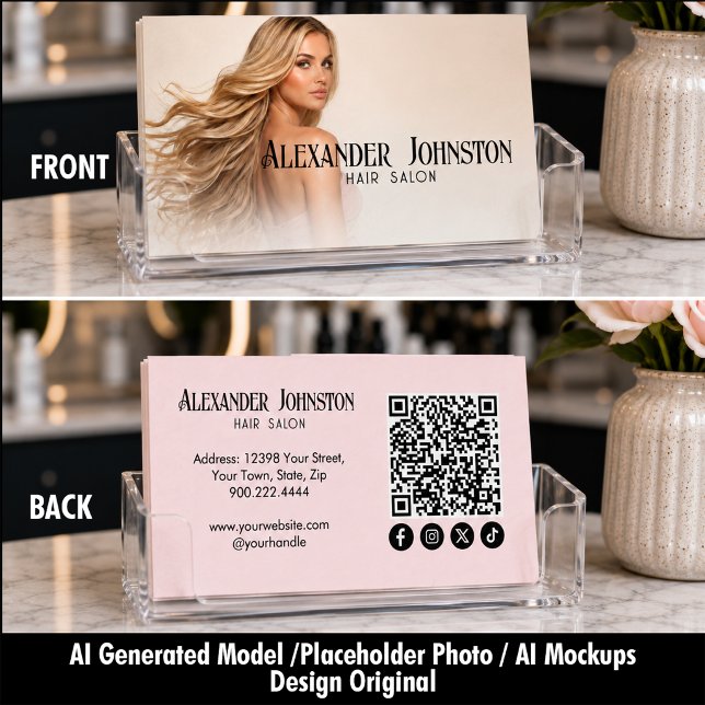 Rosa Haarstudio QR Code Social Media Visitenkarte (Blush Pink Hair Salon QR Code Social Media Business Card)