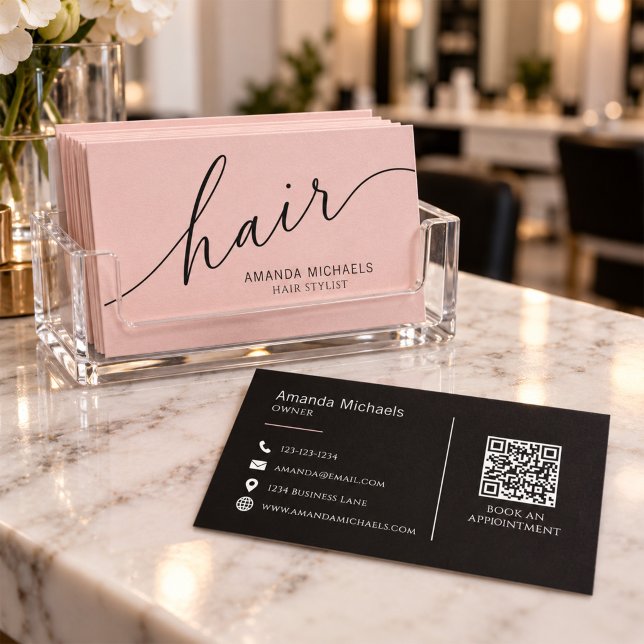 Rosa Haarstylist-Script QR-Code  Visitenkarte (Blush pink hair stylist business card with elegant black script and personalized name.)