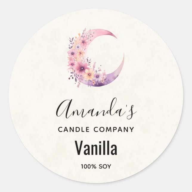 Rosa Halbmond mit Blume Candle Business Runder Aufkleber (Vorderseite)