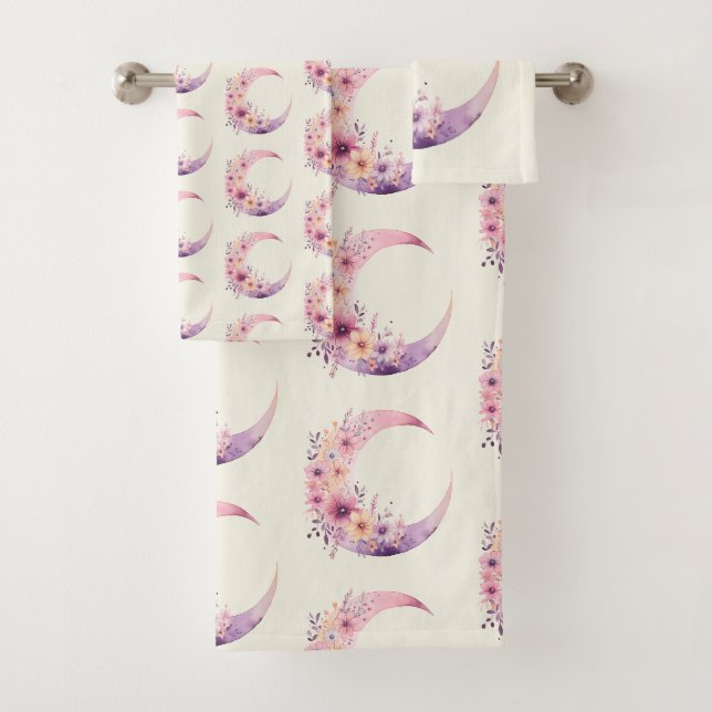 Rosa Halbmond mit Hübschen Blume Muster Badhandtuch Set (Insitu)