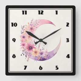Rosa Halbmond mit Hübschen Blume Quadratische Wanduhr