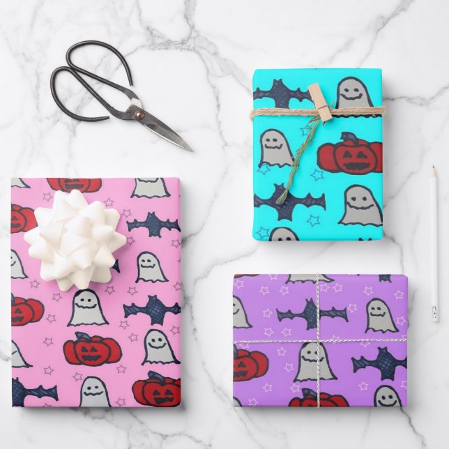 Rosa Halloween Gespenster, Fledermäuse und Kürbisl Geschenkpapier Set (Vorderseite)