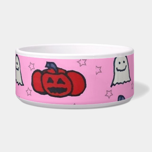 Rosa Halloween Gespenster, Fledermäuse und Kürbisl Napf (Links)