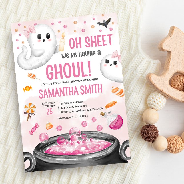 Rosa Halloween ist eine Girl Baby Dusche Einladung (Oh Sheet It's a Ghoul Halloween Brewing Baby Shower Invitation)