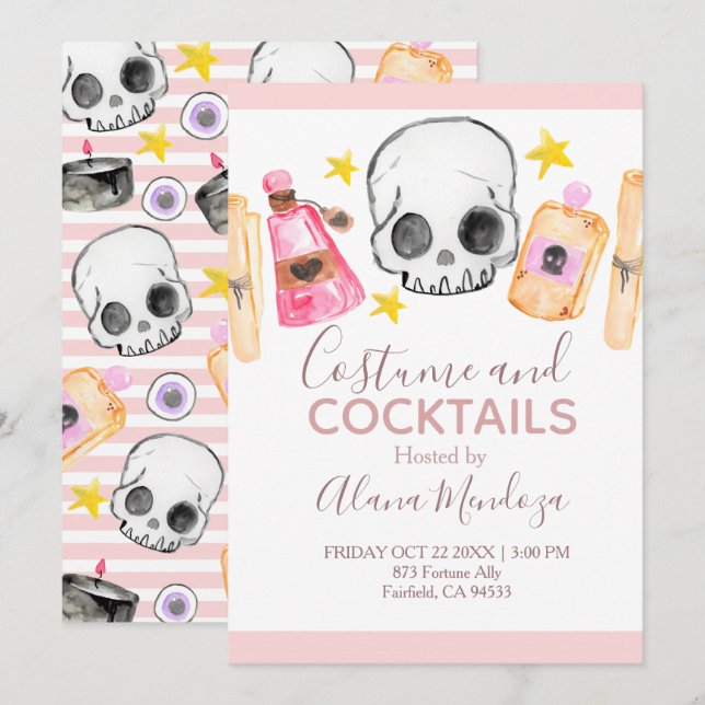 Rosa Halloween-Kostüme und Cocktail-Party laden ei Einladung (Vorne/Hinten)