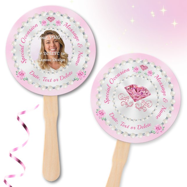 Rosa Handfächer, Personalisierte Handfans mit FOTO Fächer (Personalized photo hand fans. Pink paper fans on stick. Soft pink birthday party ideas. Pink party.)