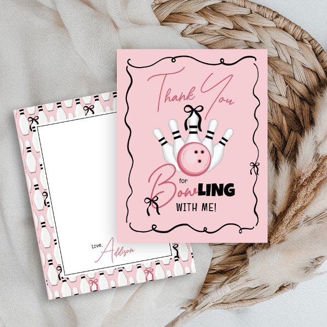 Rosa handgezeichnete Bowling-Bögen Mädchen-Geburts Dankeskarte (Cute funny pink and black coquette bows BOWling theme hand drawn custom girl birthday thank you card)