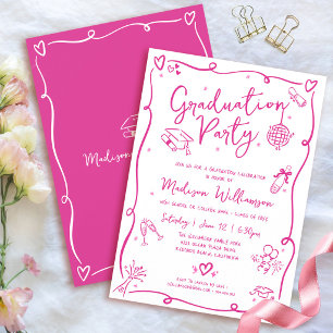 Rosa handgezeichnete Doodles-Abschlussfeier Spaß W Einladung