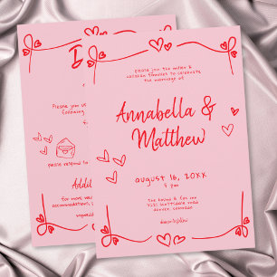Rosa handgezeichnete Herz Whimsical moderne Hochze Einladung