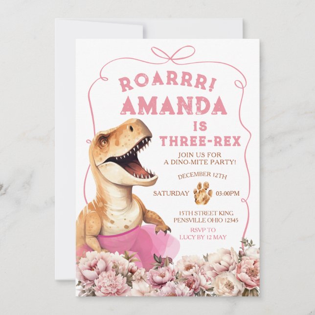 Rosa handgezogener Dinosaurier Drei-rex Blumengebu Einladung (Vorderseite)
