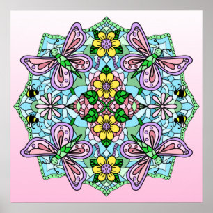 Rosa Handgezogener Schmetterling, Blume Mandala Poster