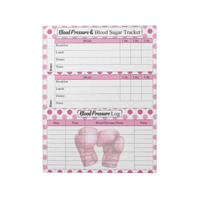 Rosa Handschuhe_ Blutdruck und Zuckerprotokoll Notizblock (Rotiert)