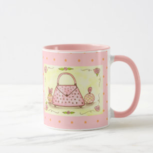 Rosa Handtasche Parfümflasche Kaffeetasse