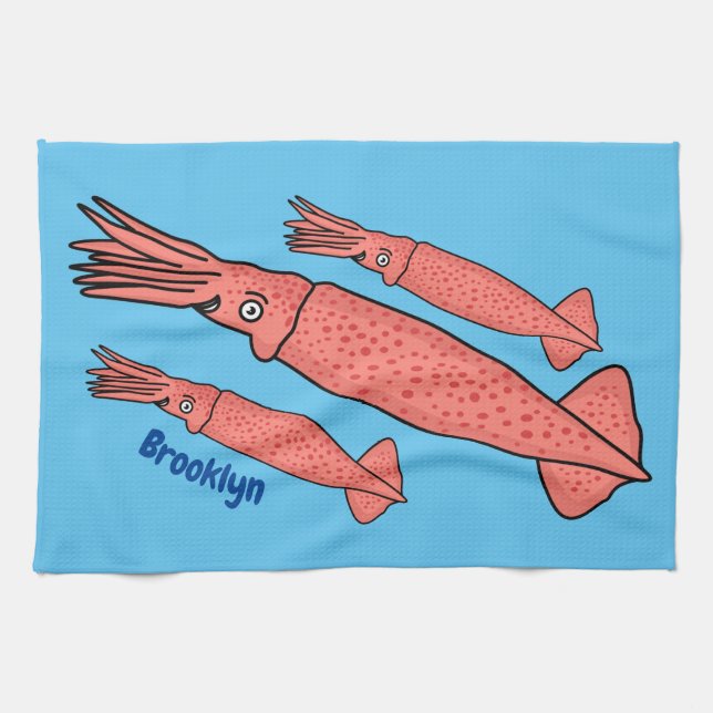 Rosa-Happy-Tintenfisch-Cartoon-Abbildung Geschirrtuch (Horizontal)