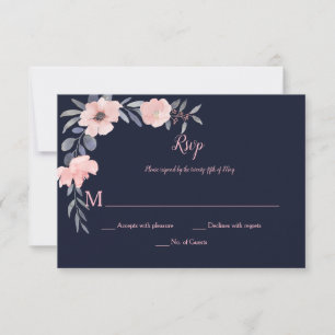 Rosa Hauch Blumen-Drop - Navy - Hochzeit RSVP Karte