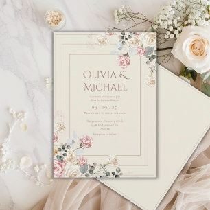 Rosa Hauch Creme Rosen Florale Elegante Hochzeit Einladung