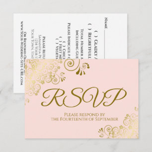 Rosa Hauch & Elegante Goldene Locken Hochzeit RSVP Karte