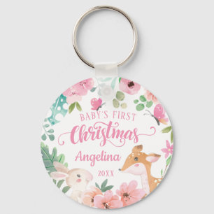 Rosa Hauch Florale Wald Baby's 1. Weihnachten Schlüsselanhänger