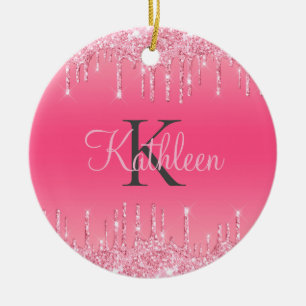 Rosa Hauch, tropfender Glitter, Roségold-Monogramm Keramik Ornament