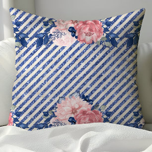 Rosa Hauch und Navy Glitter Streifen Floral Kissen