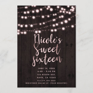 Rosa Hauchbraun Rustikal Holz & Lichter Sweet 16 Einladung
