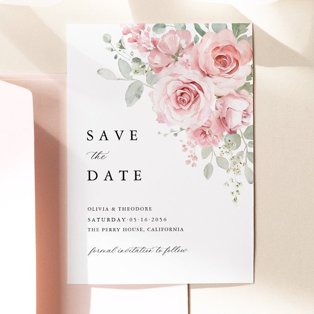 Rosa Hauchige Rosen-Hochzeit Save The Date (Blush Rose Floral Save the Date Card, Watercolor Blush Pink Rose Wedding Announcement Card)
