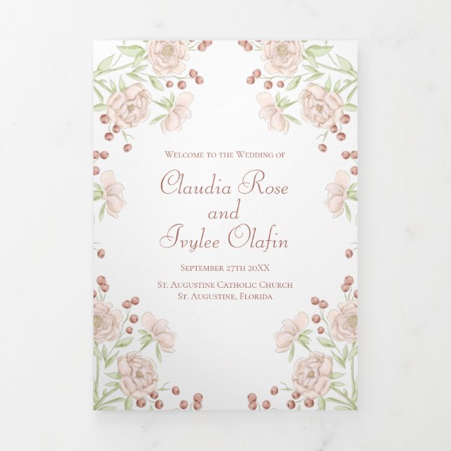 Rosa Hauchrosa Hochzeitsprogramme Dreifach-gefaltete Programmkarte (Cover)
