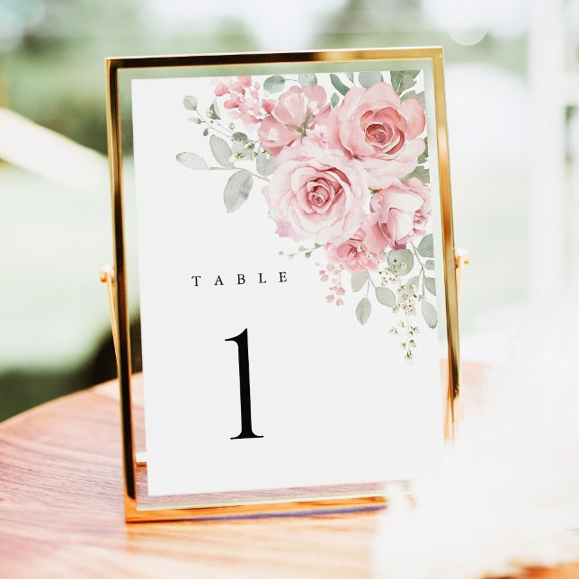 Rosa Hauchrosen-Hochzeitstischnummern (Blush Rose Floral Wedding Table Numbers, Watercolor Blush Pink Reception Table Sign in Gold Decor)
