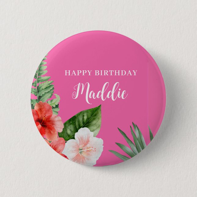 Rosa hawaiianische Blumen-Geburtstag  Button (Vorderseite)