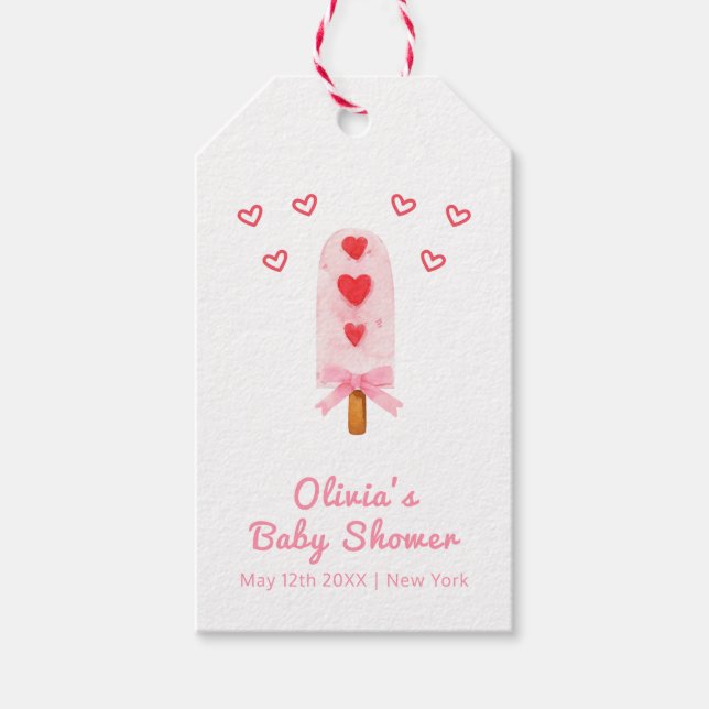 Rosa Heart Bow Ice Creme bereit für Pop Babydusche Geschenkanhänger (Vorderseite)