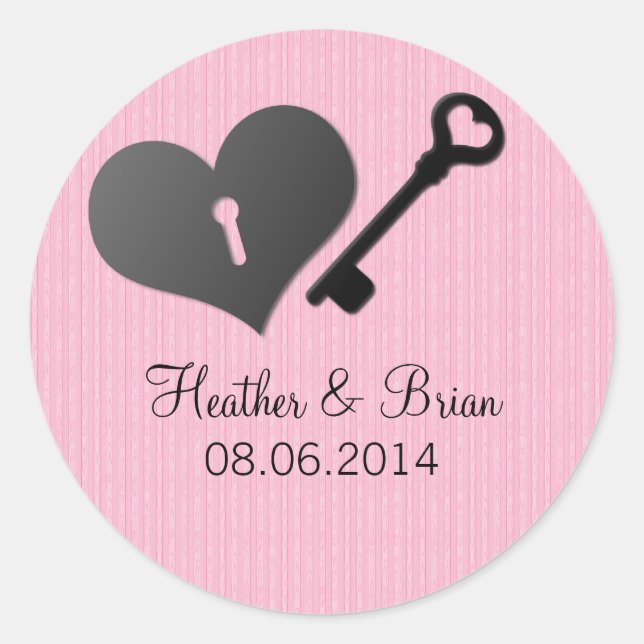Rosa Heart Lock und Key Wedding Stickers (Vorderseite)