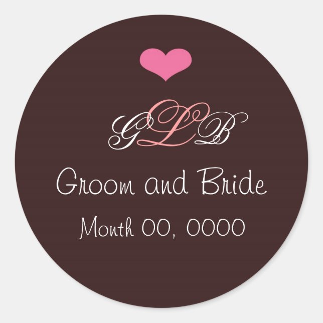 Rosa Heart Wedding Monogram Aufkleber (Vorderseite)