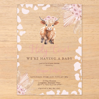Rosa Heilige Kuh Boho Trockenblumen Baby Shower Acryleinladungen